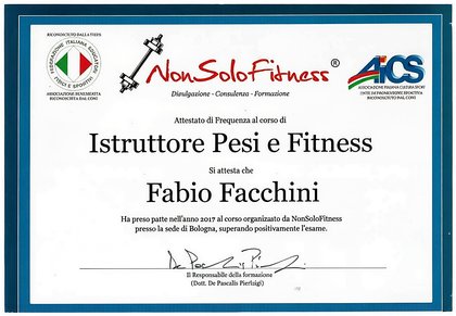 Attestato di Istruttore Pesi e Fitness di Fabio Facchini, NonSoloFitness 2017